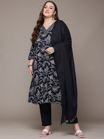 Plus Size Black & White Floral Printed Pure Cotton Kurta Palazzo Set With Dupatta