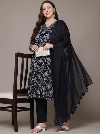 Plus Size Black & White Floral Printed Pure Cotton Kurta Palazzo Set With Dupatta