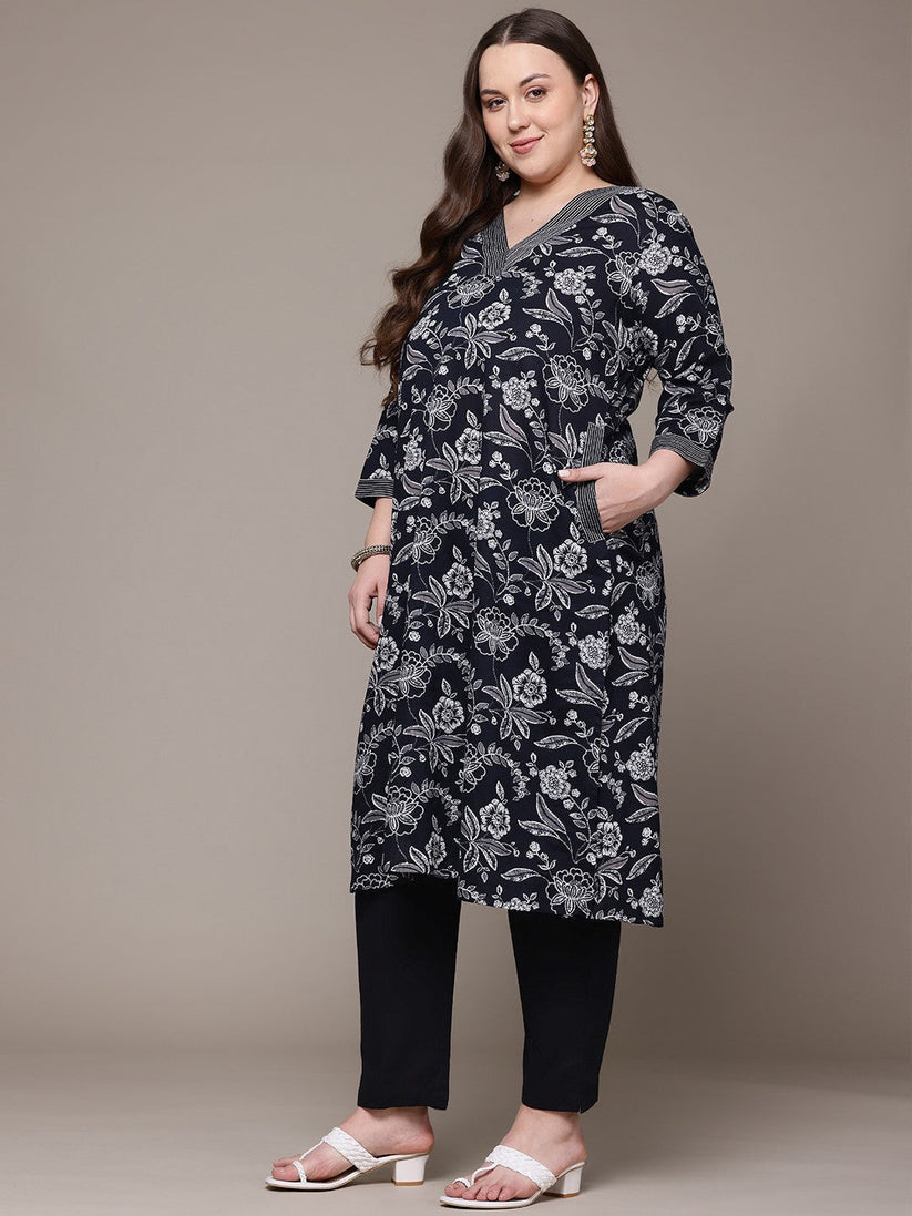 Plus Size Black & White Floral Printed Pure Cotton Kurta Palazzo Set With Dupatta