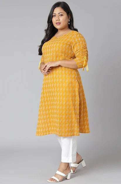 Mustard & White Kanta Printed Cotton Kurti Top