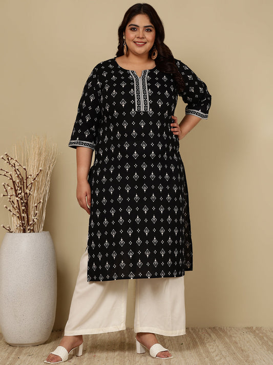 Plus size  Black & White Pure Cotton Printed Kurti Top (Top Only)