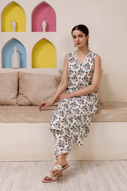 Off white purple Cotton Kurti With Palazzo