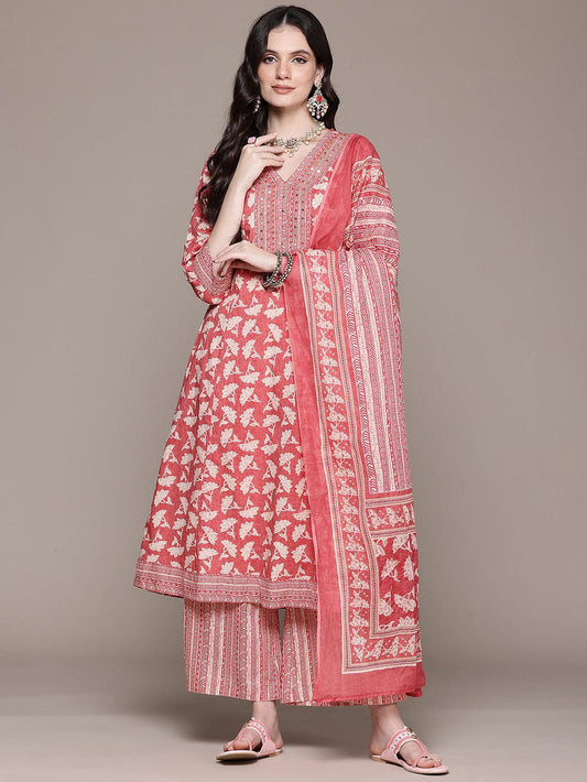 Pink Printed Kurta Palazzo Set with Dupatta