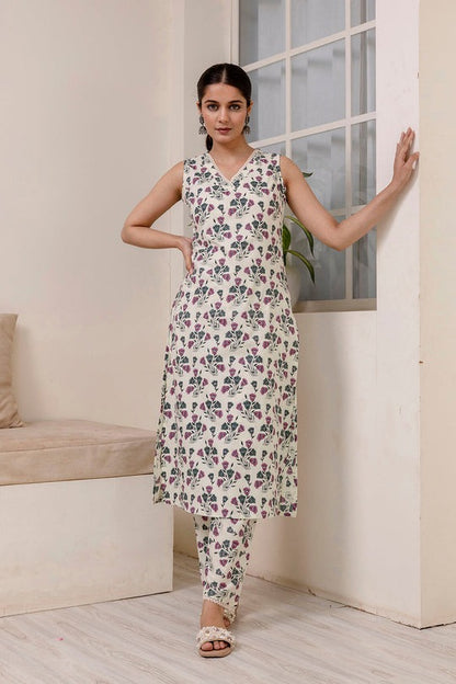 Off white purple Cotton Kurti With Palazzo