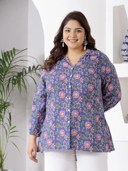 Plus size Purple Floral Printed Cotton Top