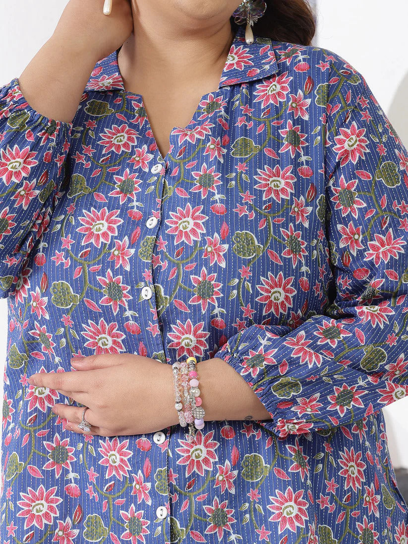 Plus size Purple Floral Printed Cotton Top