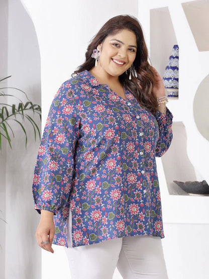 Plus size Purple Floral Printed Cotton Top