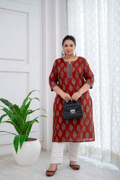 Plus Size Maroon Printed Cotton Kurti Top( Top Only)