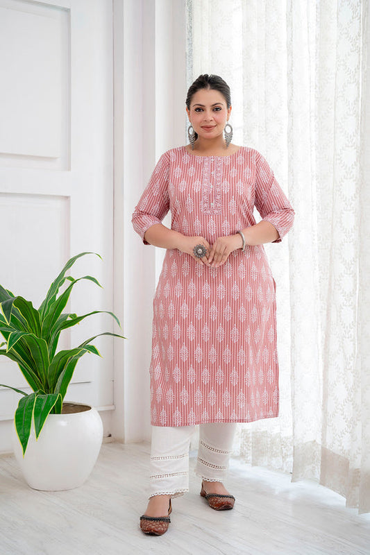 Plus size Pink & White Pure Cotton Printed Kurti Top (Top Only)