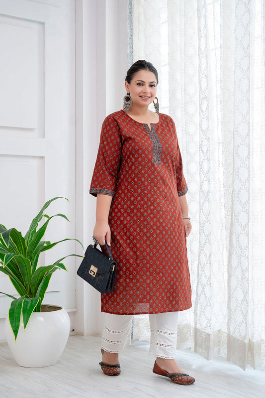 Plus Size Maroon Ethnic Printed Cotton Kurti Top( Top Only)