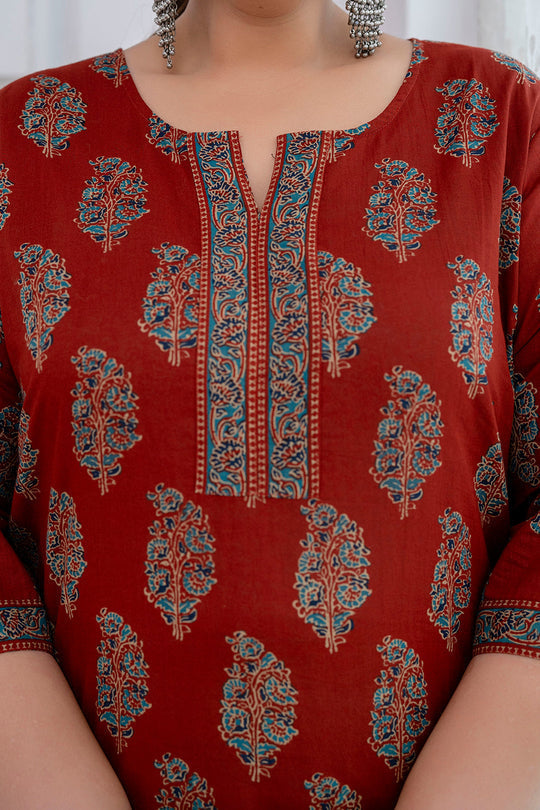 Plus Size Maroon Printed Cotton Kurti Top( Top Only)