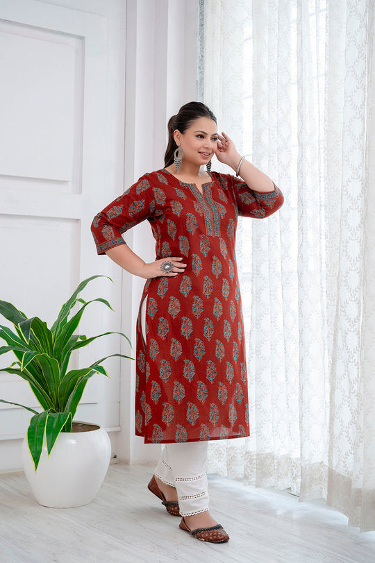 Plus Size Maroon Printed Cotton Kurti Top( Top Only)