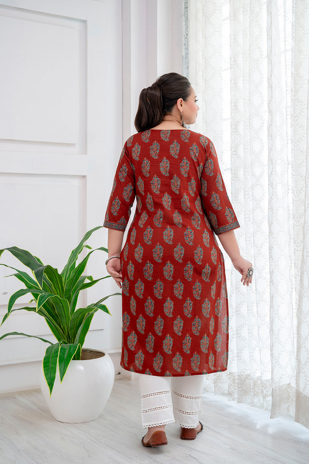 Plus Size Maroon Printed Cotton Kurti Top( Top Only)