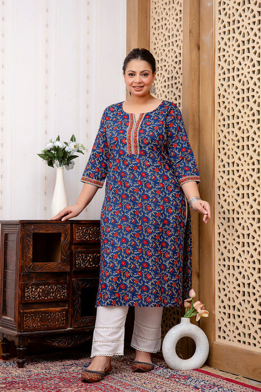 Plus size Navy Blue Red Pure Cotton Printed Kurti Top (Top Only)