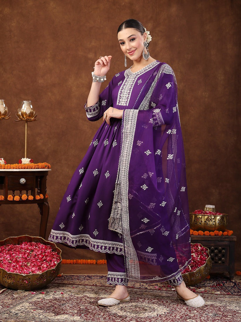 White & Purple Block Printed Rayon Anarkali kurti  Pants with dupatta