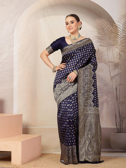 Navy Blue Banarsi Silk Saree with Zari Border