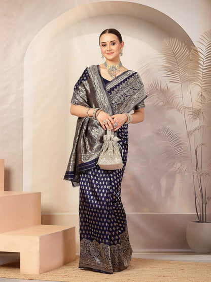 Navy Blue Banarsi Silk Saree with Zari Border