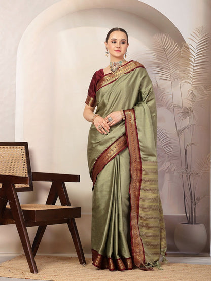 Banarsi Silk Saree with Contrast Zari Border