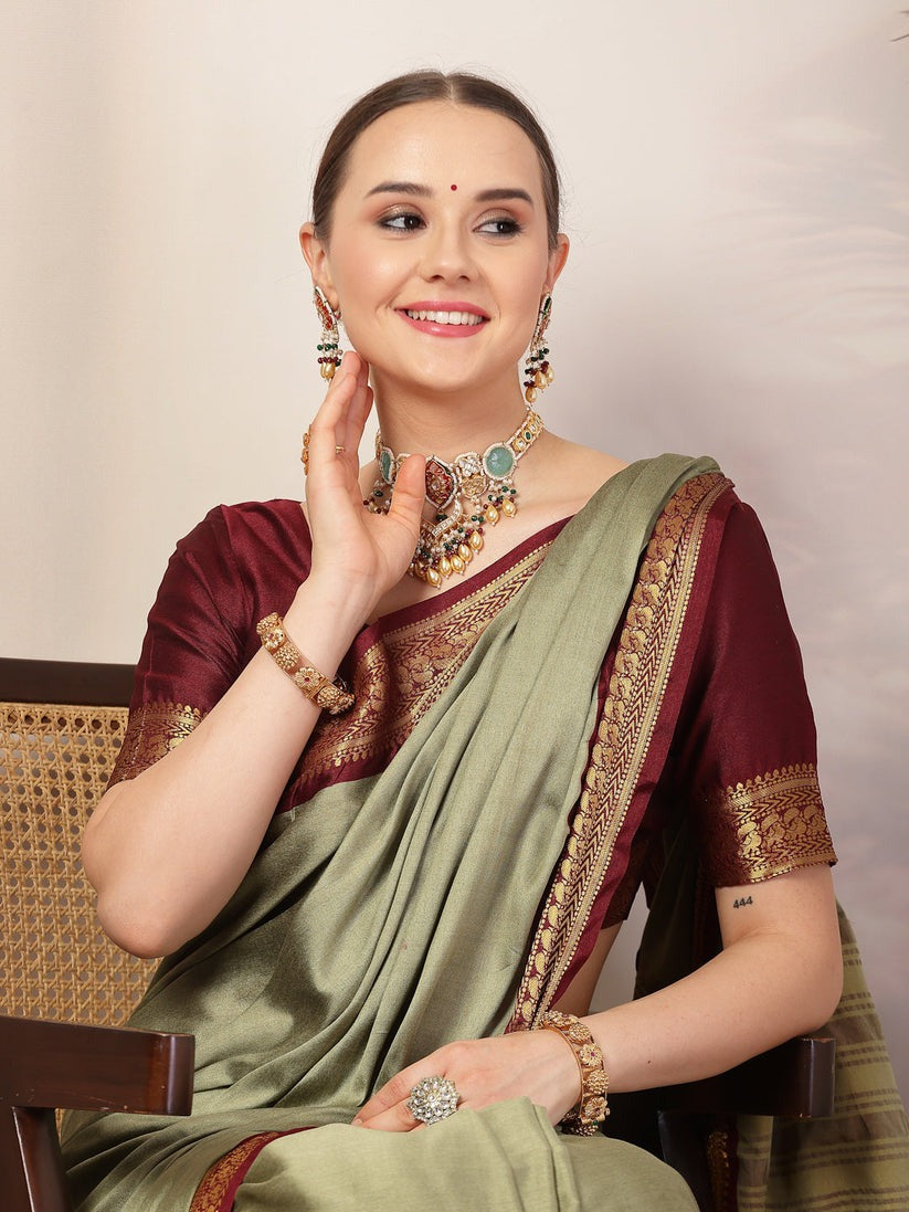 Banarsi Silk Saree with Contrast Zari Border