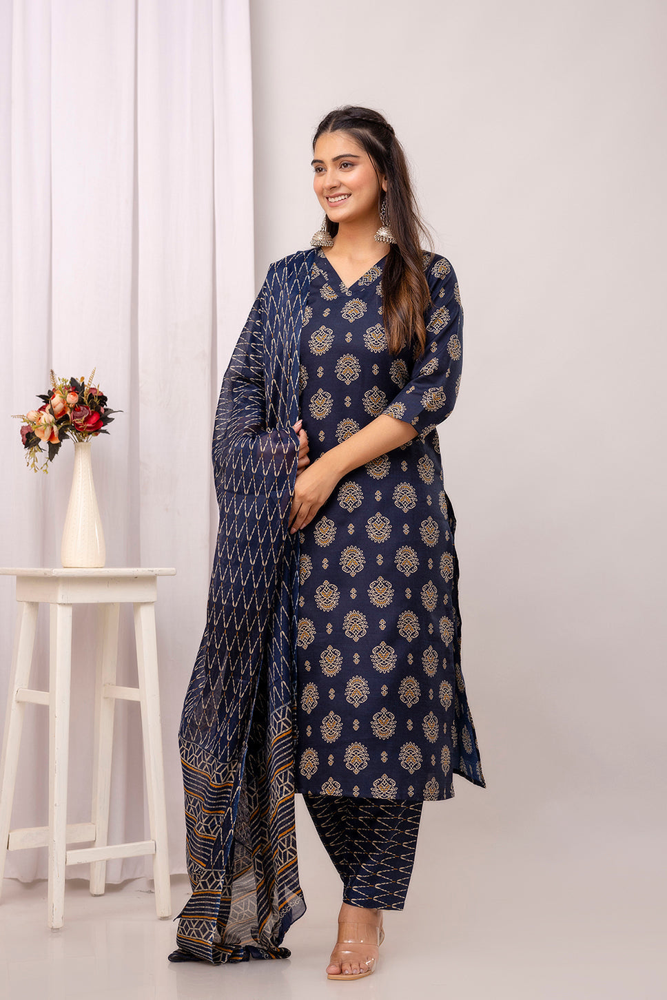 Navy Blue Cotton Blend Kurti Set