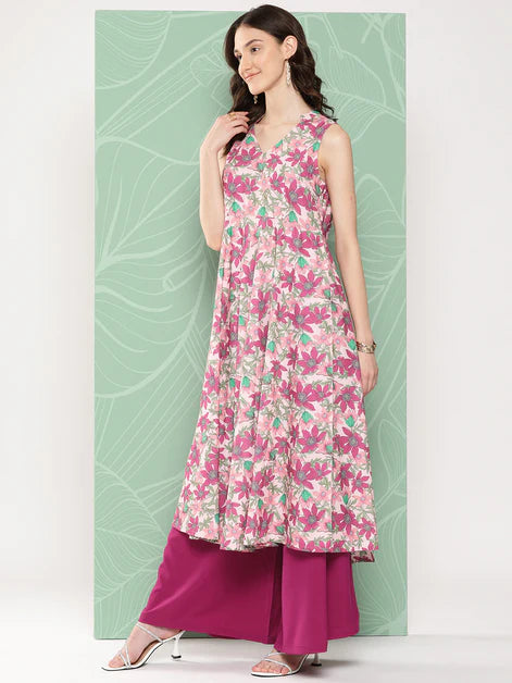 Moss Floral Printed Kurti With Wide Palazzo