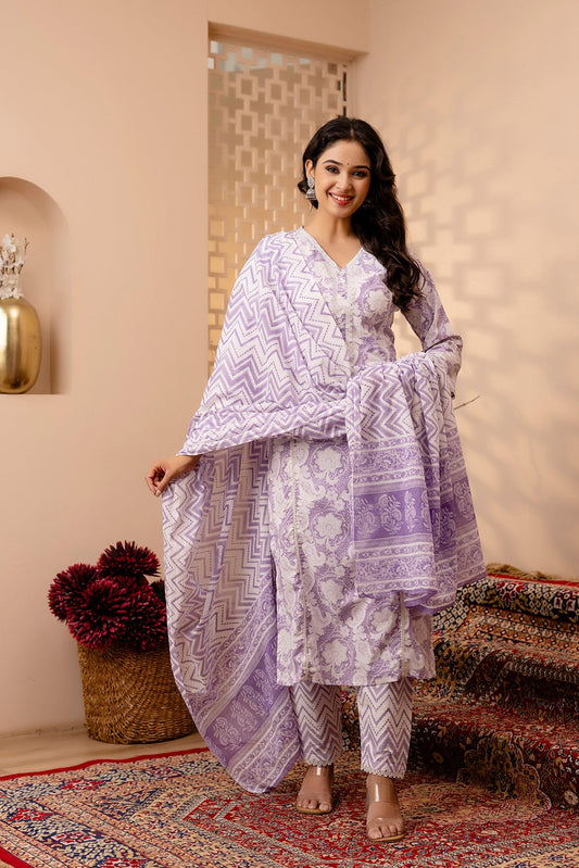 Purple & White Floral Printed Pure Cotton Flared Kurti With Pants & Dupatta