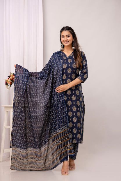 Navy Blue Cotton Blend Kurti Set