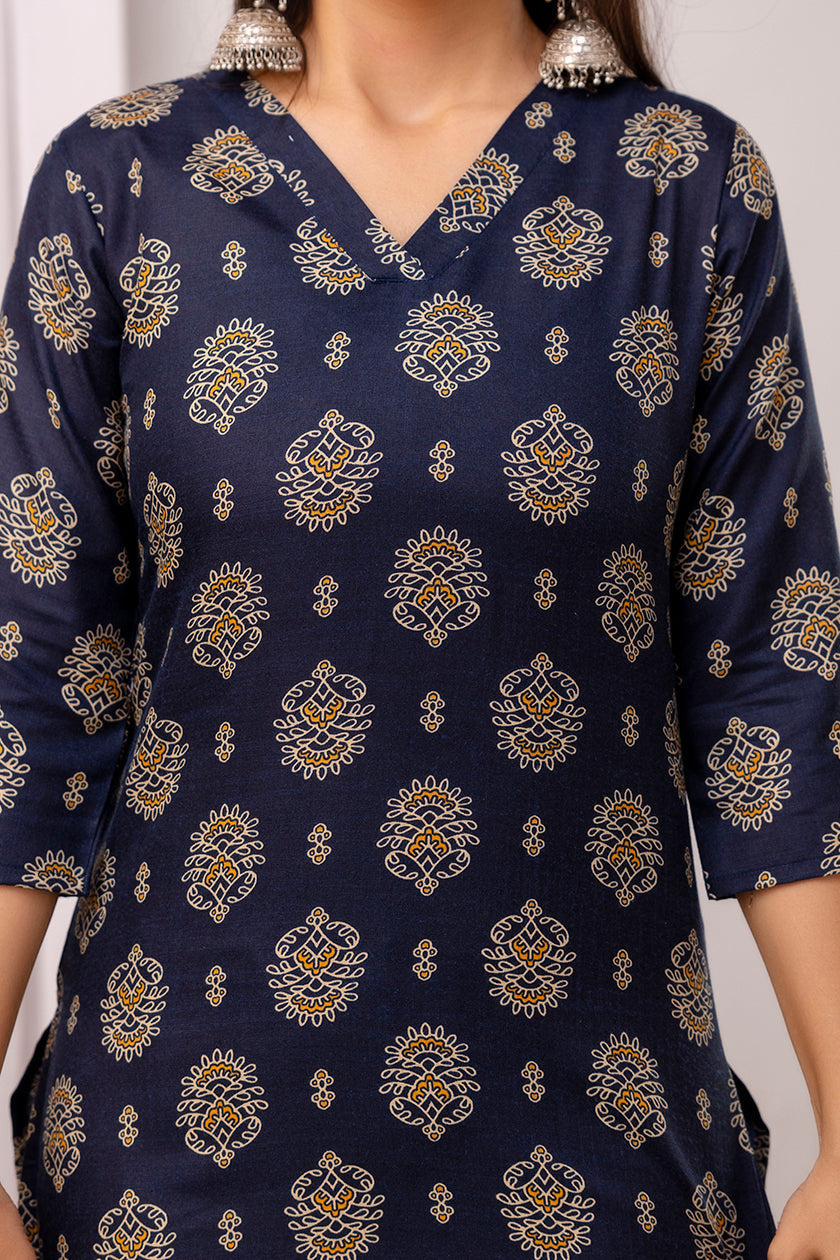 Navy Blue Cotton Blend Kurti Set