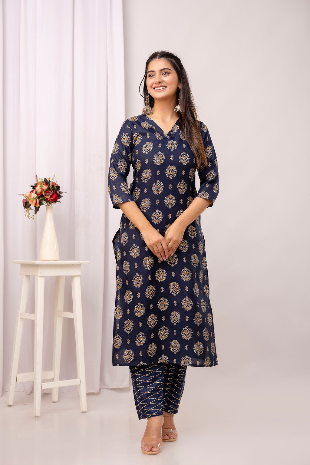 Navy Blue Cotton Blend Kurti Set