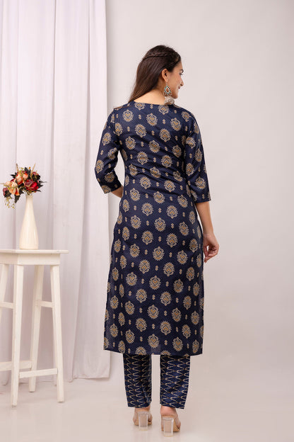 Navy Blue Cotton Blend Kurti Set