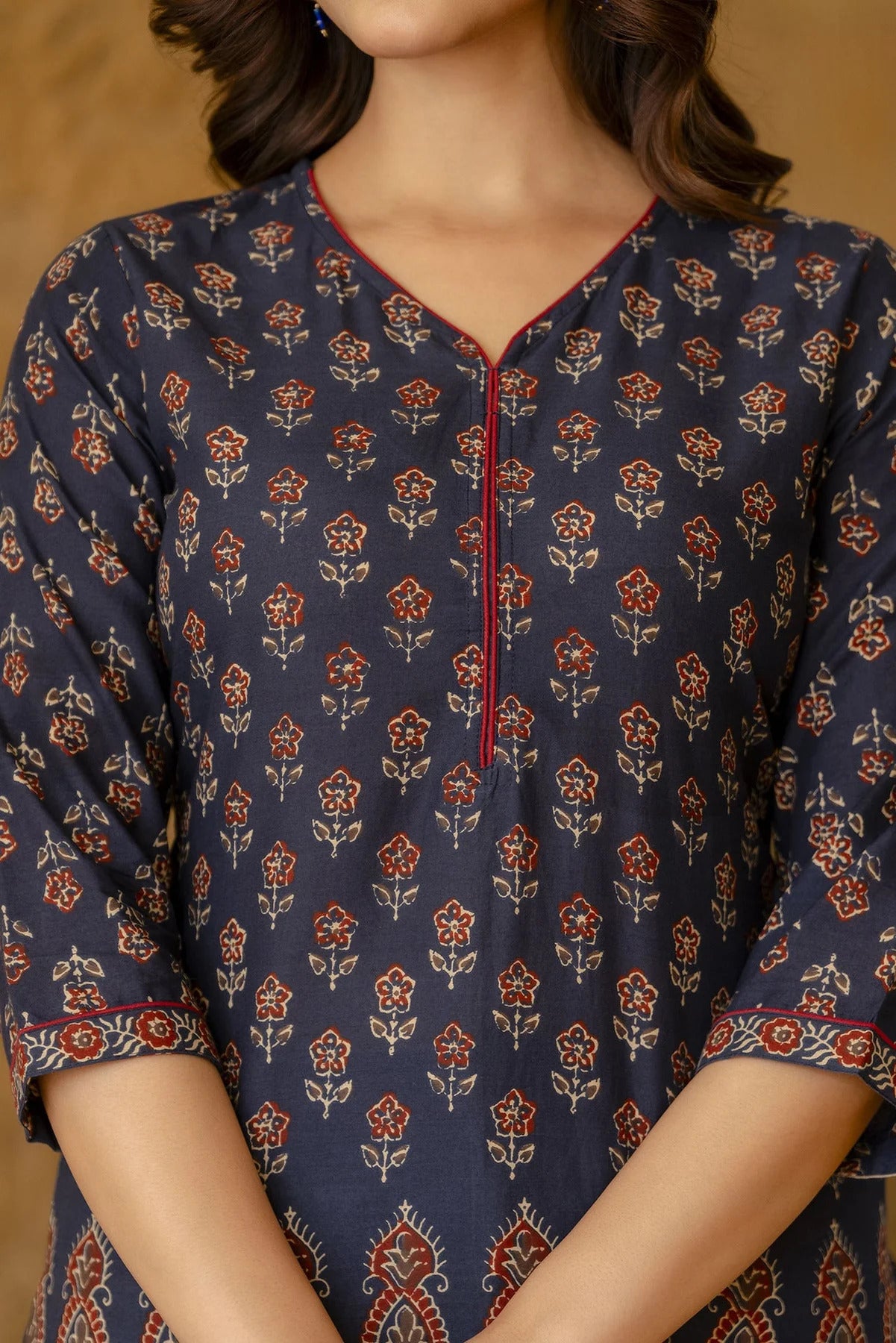 Dark Blue Maroon floral Printed Cotton Top