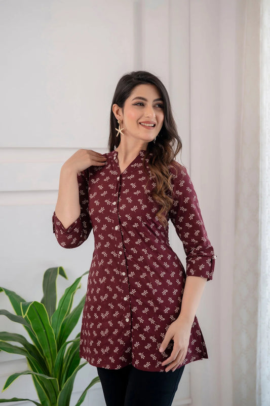 Burgundy Cotton Printed Short Kurti Top