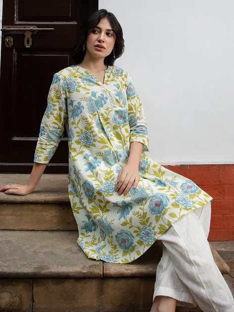 Off white Cotton Floral Printed Short Kurti Top