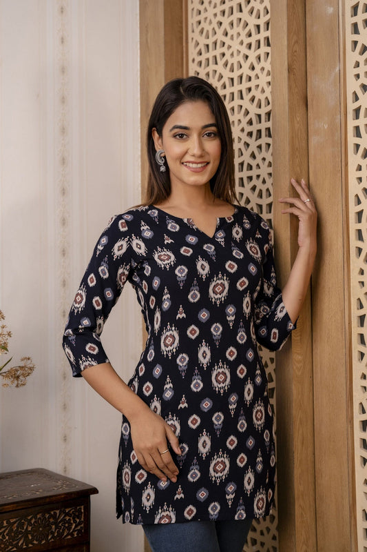 Black Printed Rayon Short kurti Top