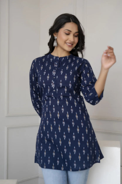 Navy Blue Cotton Printed Short Kurti Top