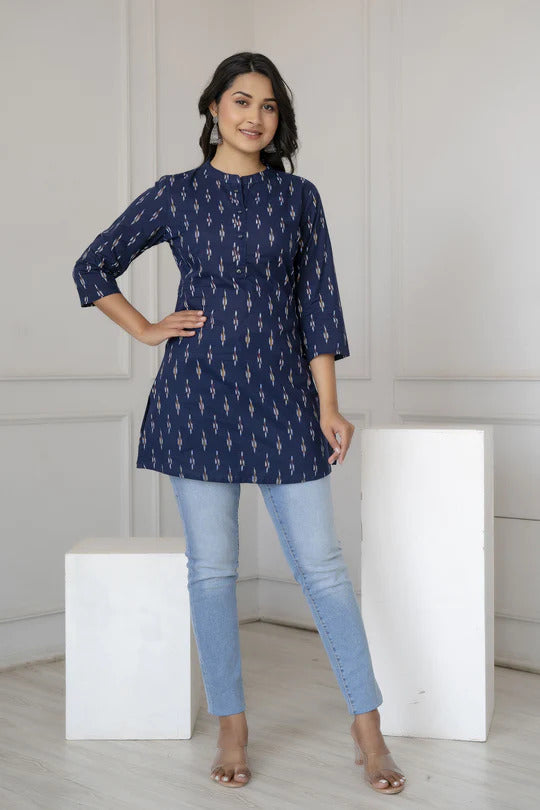 Navy Blue Cotton Printed Short Kurti Top