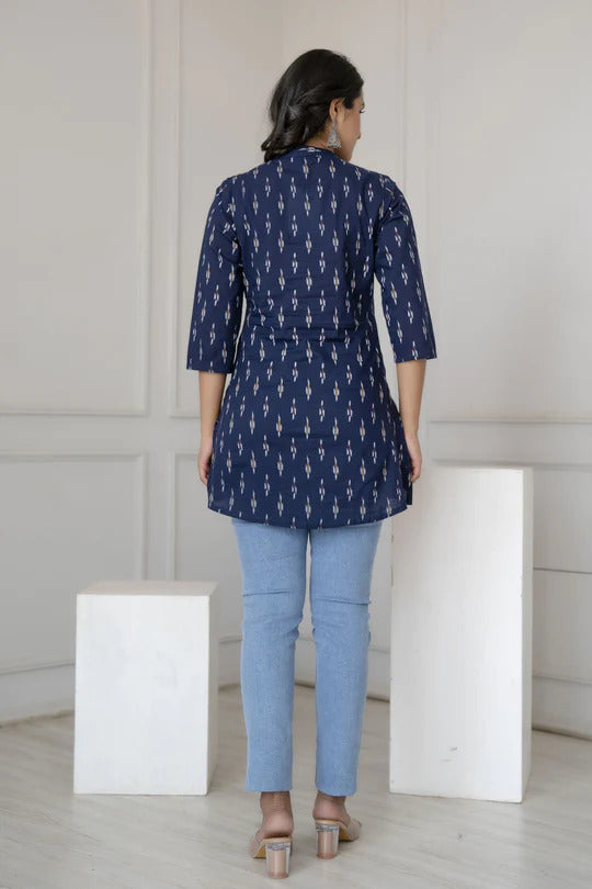 Navy Blue Cotton Printed Short Kurti Top