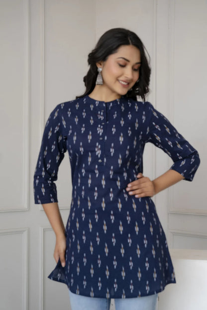 Navy Blue Cotton Printed Short Kurti Top