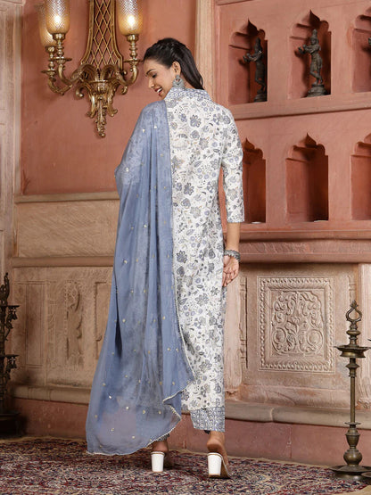 White Grey Floral printed semi Silk Kurti Set with Dupatta