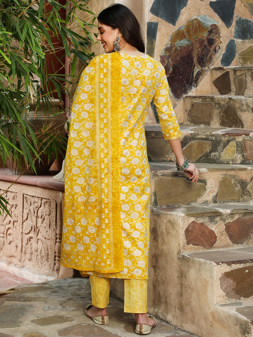 Yellow white Floral Printed Cotton Kurti Set