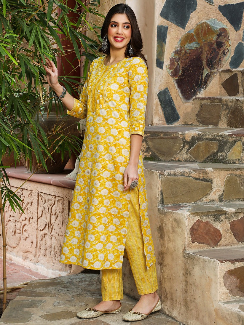 Yellow white Floral Printed Cotton Kurti Set