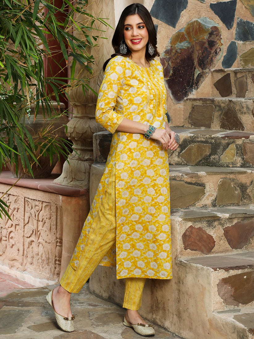 Yellow white Floral Printed Cotton Kurti Set