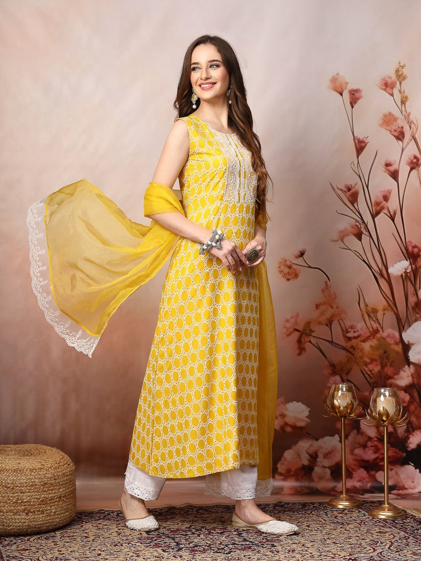 Rayon Printed Embroidered Kurta Dupatta Set (No Pants Included)