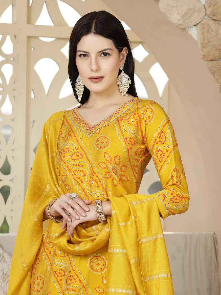 Golden Yellow Muslin Kurta Palazzo Set With Dupatta