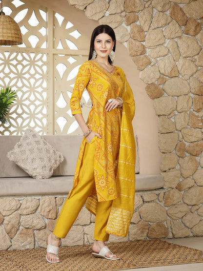 Golden Yellow Muslin Kurta Palazzo Set With Dupatta