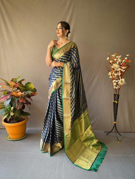 Peacock Blue Pure Banarasi Handloom Katan Satin Silk Saree - Aura Benaras