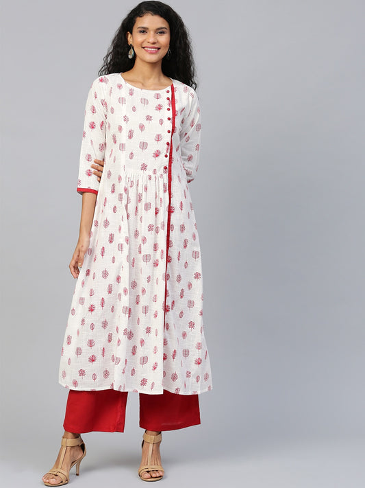 Red & White Cotton Kurta With Red Palazzo