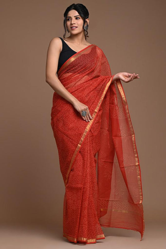 Red Bagru Printed Kota Doria Saree with zari border