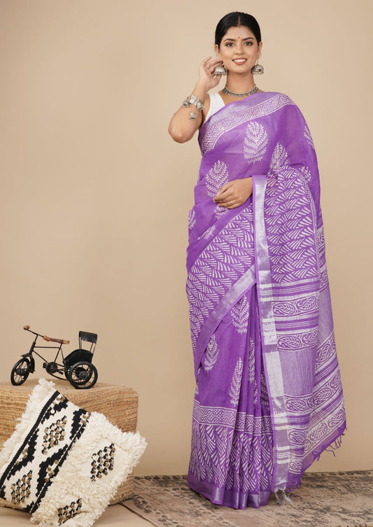 Lavender Printed Linen Saree