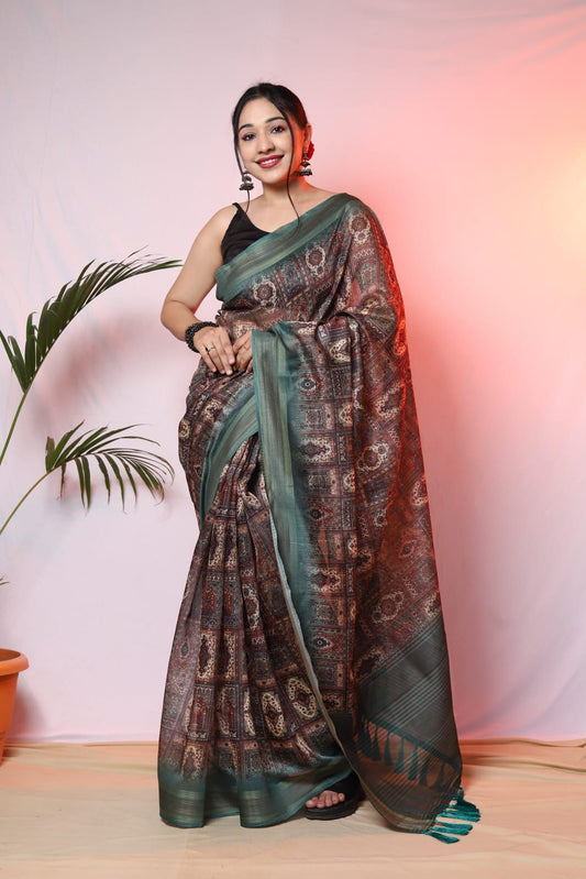 Teal Digital printed Muslin Saree